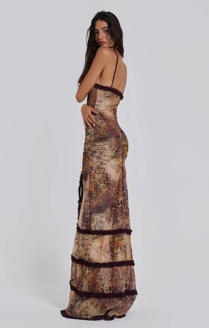 CUT OUT DYNAMIC BACKLESS SHEER DRESS - ANIMAL PRINT