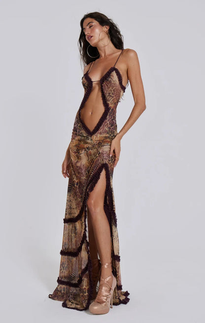 CUT OUT DYNAMIC BACKLESS SHEER DRESS - ANIMAL PRINT