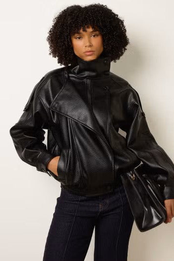 Black High Collar Faux Leather Biker Jacket
