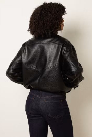 Black High Collar Faux Leather Biker Jacket