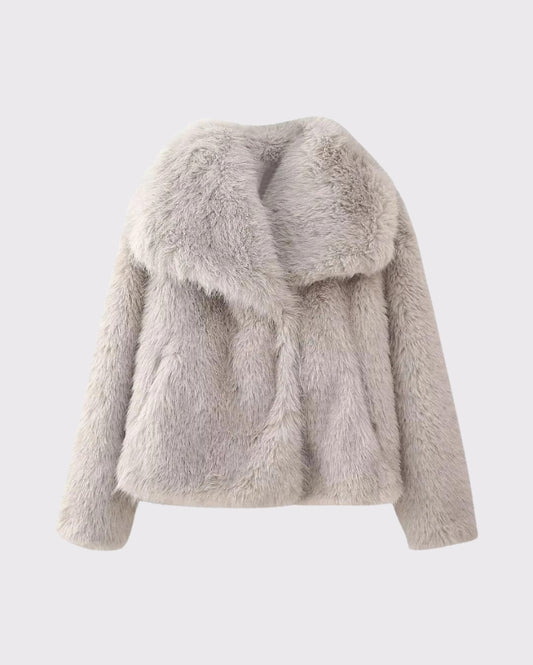 FAUX FUR TURN DOWN COLLOR JACKET - OFF GREY