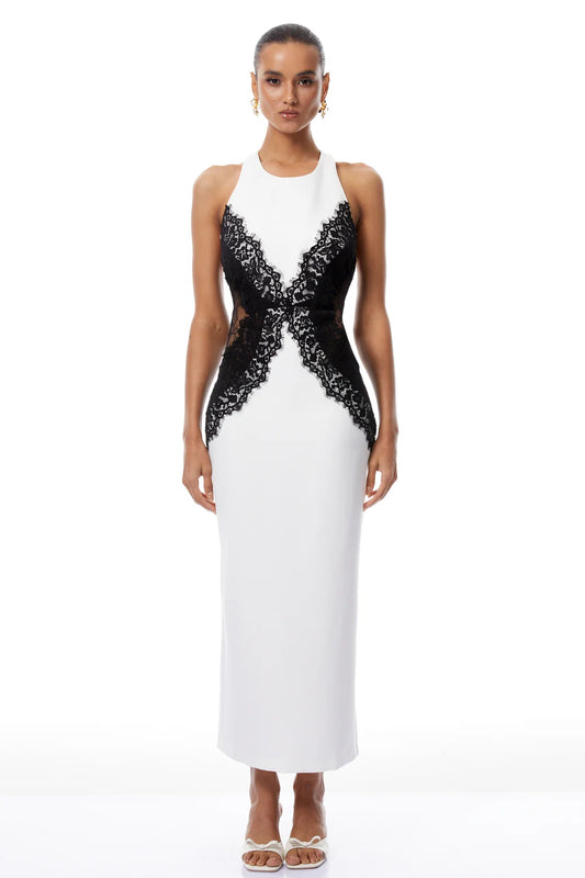 Stephane White Halter and Black Lace Panel Maxi Dress