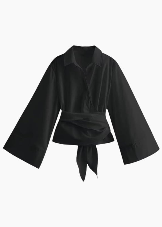BLACK FLARED SLEEVE WRAP AROUND SHIRT