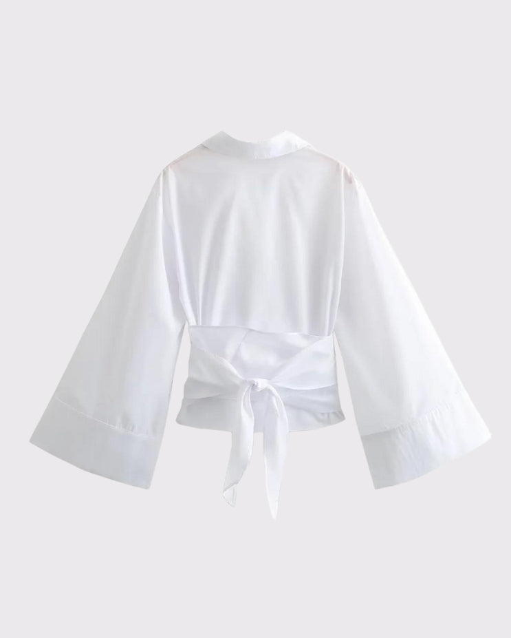 FLARED SLEEVE WRAP AROUND SHIRT - WHITE