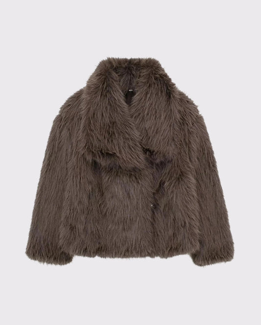 FAUX FUR TURN DOWN COLLOR JACKET - BROWN