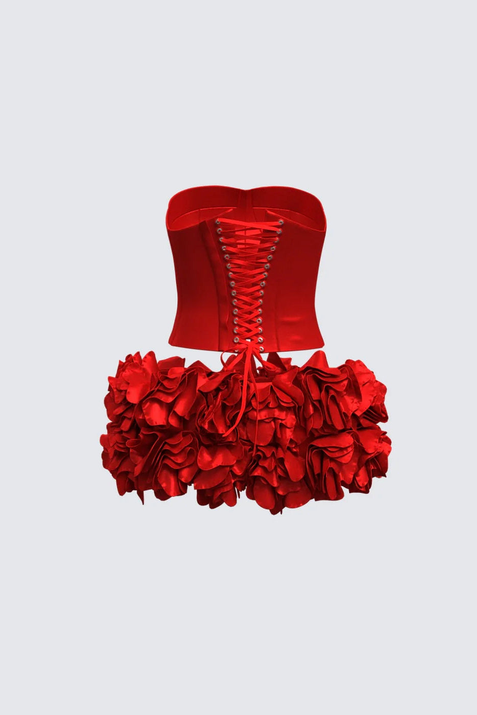 ROSE Red Strapless Corset and petal Mini Skirt Co‑Ord Set
