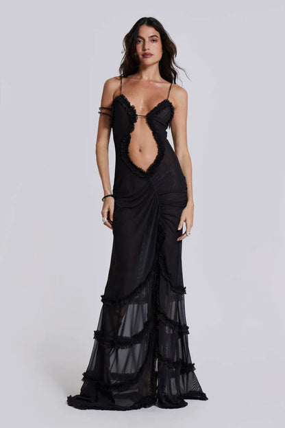 CUT OUT DYNAMIC BACKLESS SHEER DRESS - BLACK