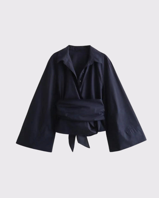 FLARED SLEEVE WRAP AROUND SHIRT - NAVY