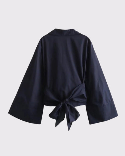 FLARED SLEEVE WRAP AROUND SHIRT - NAVY