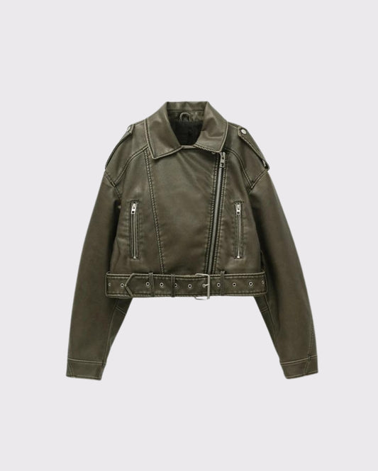 OLIVE LEATHER BIKER JACKET