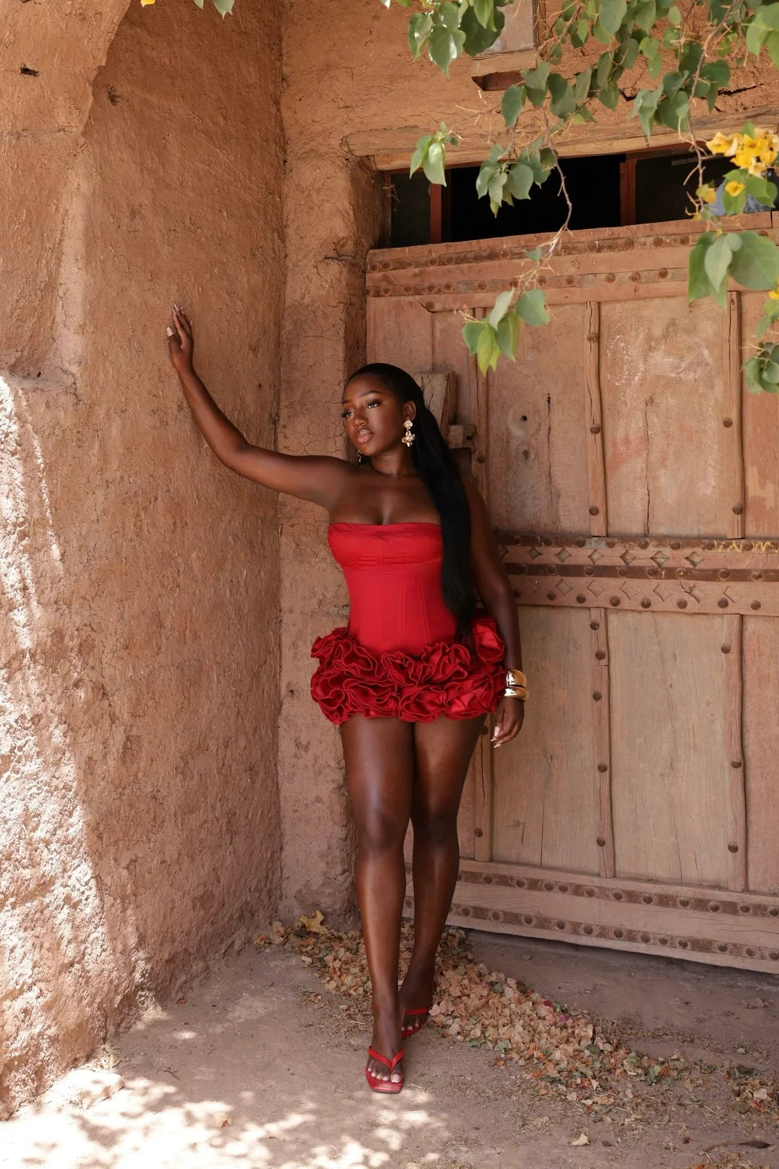 ROSE Red Strapless Corset and petal Mini Skirt Co‑Ord Set