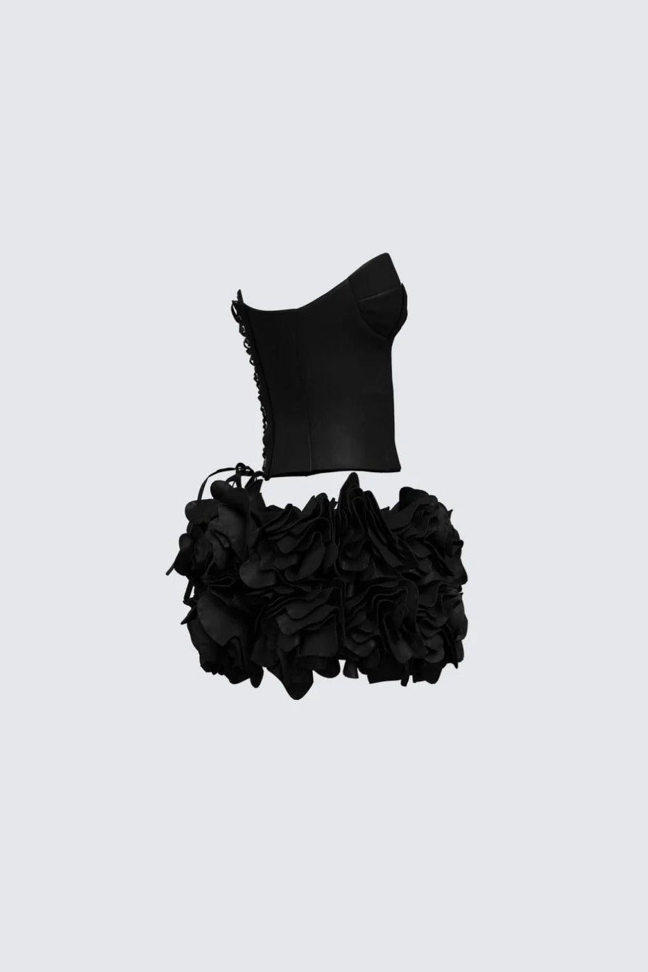 ROSE Black Strapless Corset and petal Mini Skirt Co‑Ord Set
