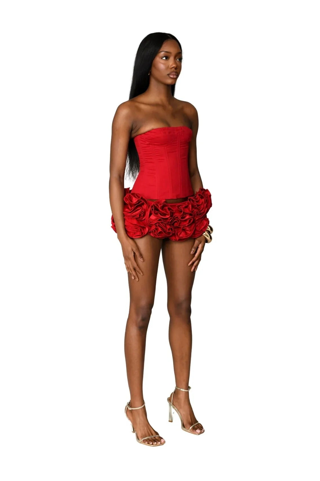 ROSE Red Strapless Corset and petal Mini Skirt Co‑Ord Set
