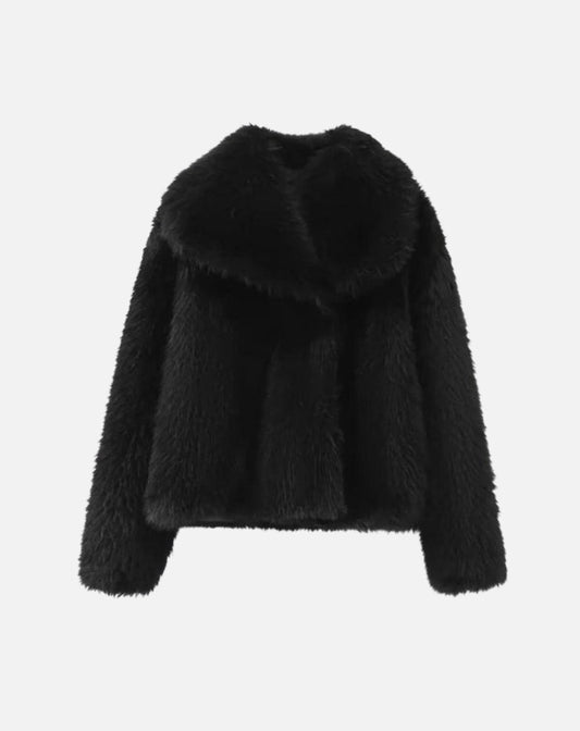 FAUX FUR TURN DOWN COLLOR JACKET - BLACK