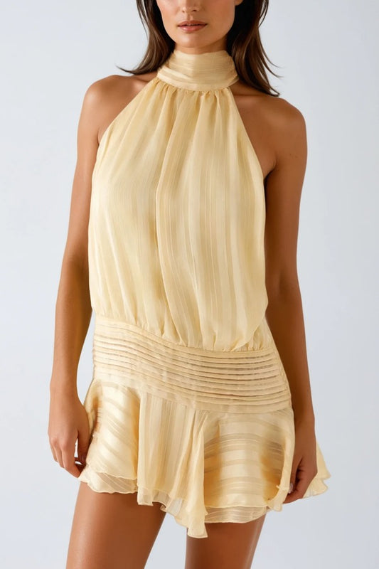 LOXY Halter Neck Yellow Ruch Ruffle Mini Dress