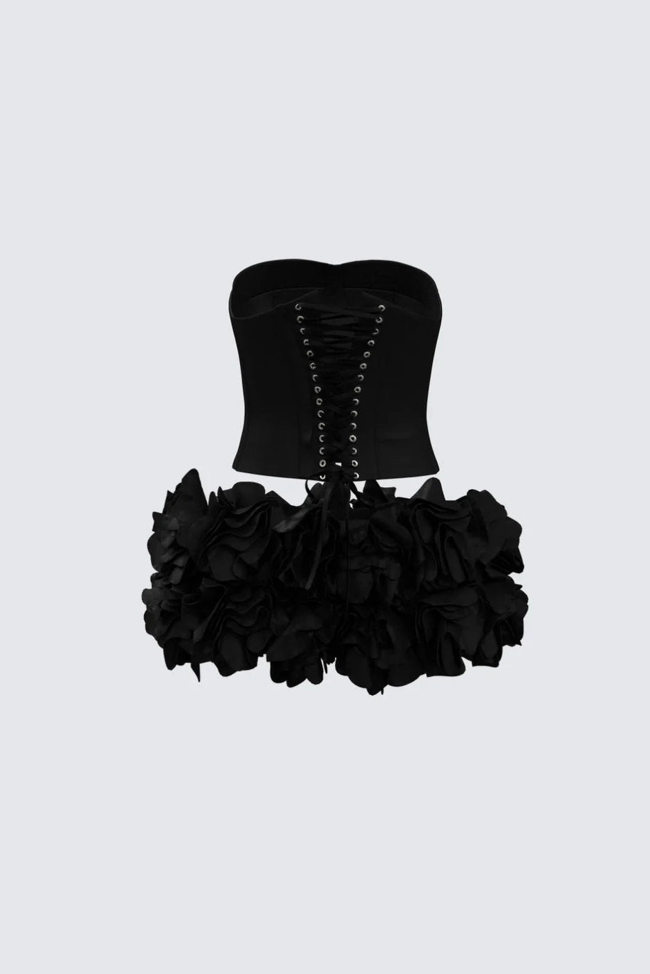 ROSE Black Strapless Corset and petal Mini Skirt Co‑Ord Set
