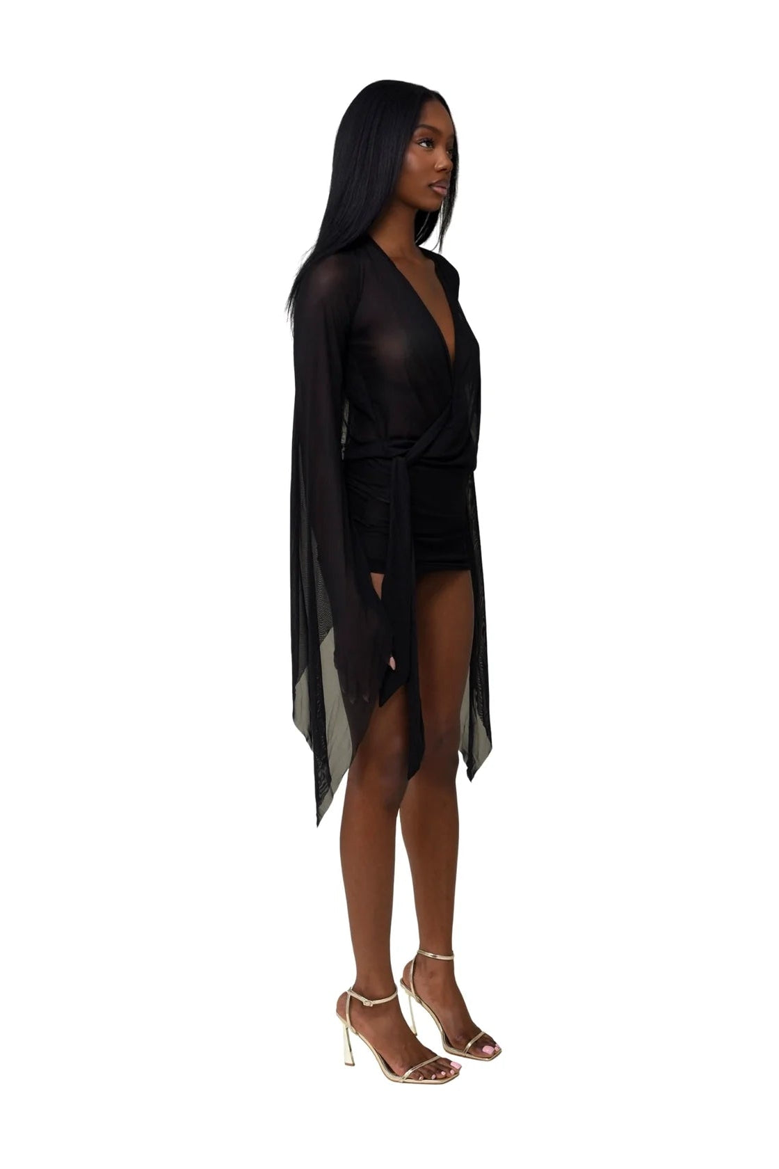 Ariana Black Sheer Wrap Mini Dress