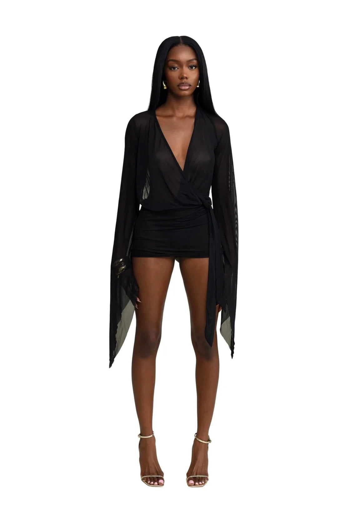 Ariana Black Sheer Wrap Mini Dress