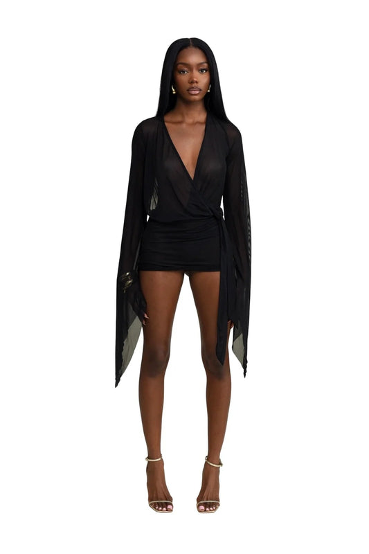 Ariana Black Sheer Wrap Mini Dress