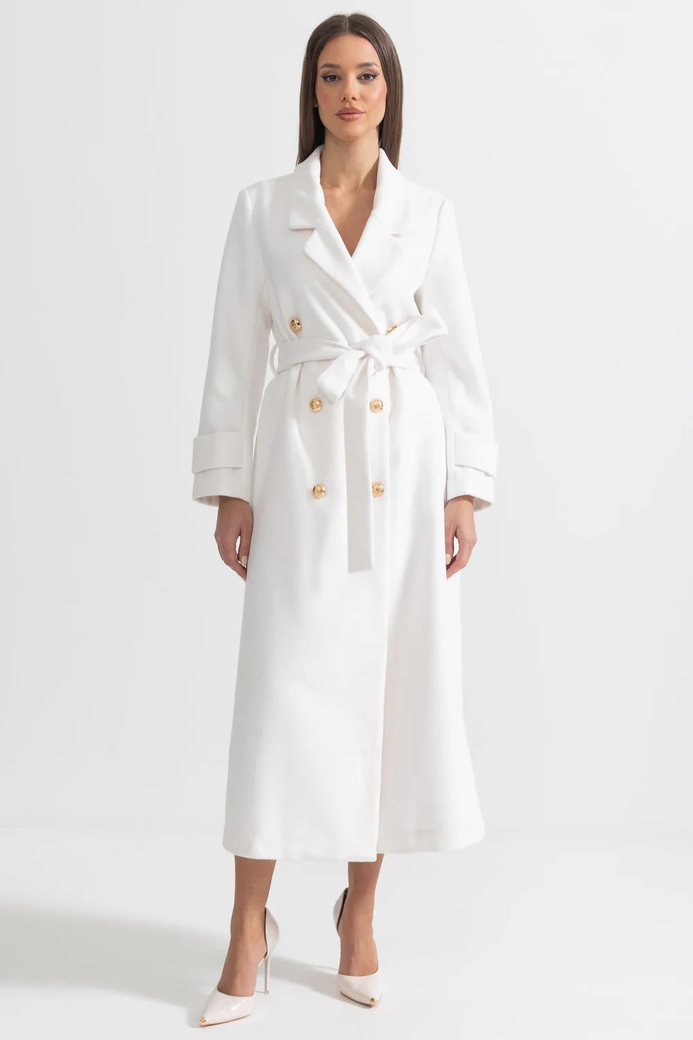 White Belted Longline Long Coat