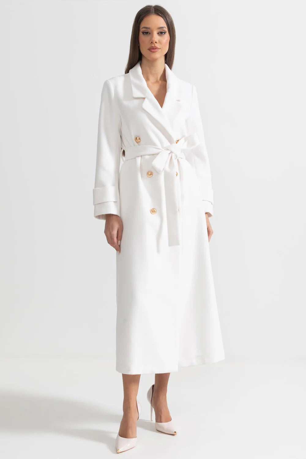 White Belted Longline Long Coat