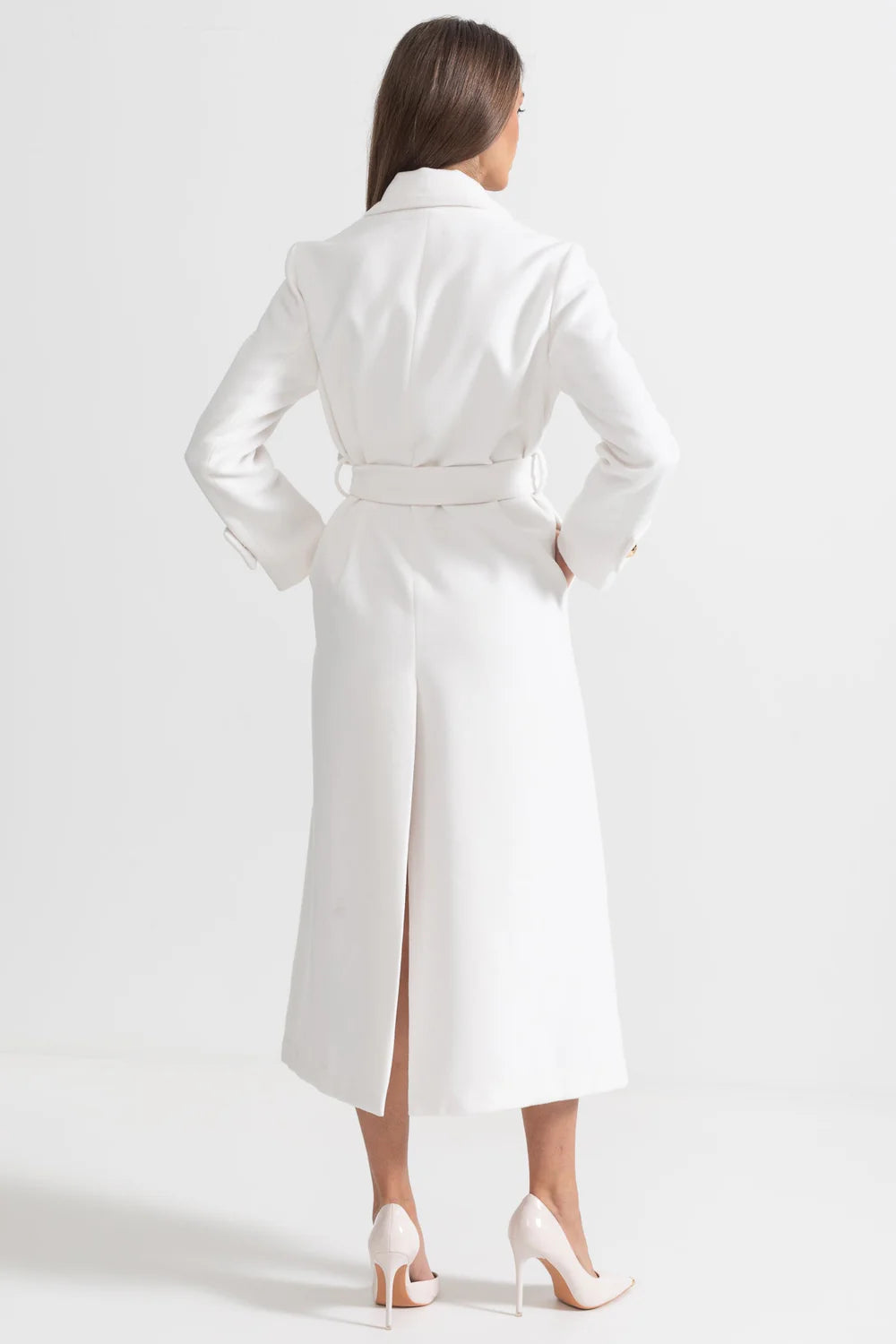 White Belted Longline Long Coat
