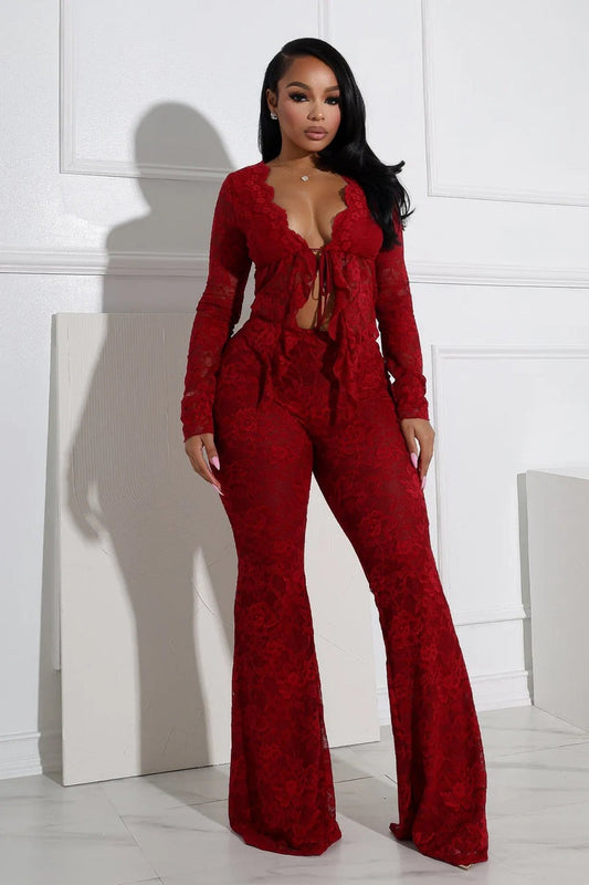 HAILY Red Lace Tie Front Top & Flared Pants Set