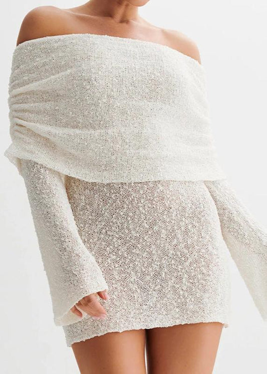 WHITE KNITTED OFF SHOULDER MINI DRESS