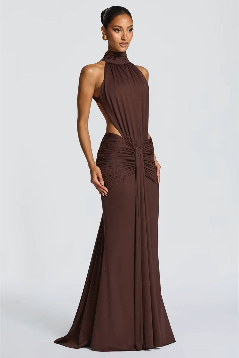 LELIA BROWN HALTER CUT-OUT RUCHED WAIST MAXI DRESS