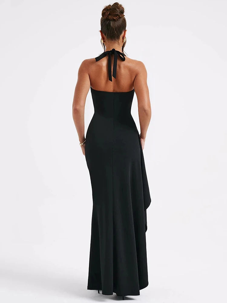 DEEP V NECK SPLIT MAXI DRESS - BLACK