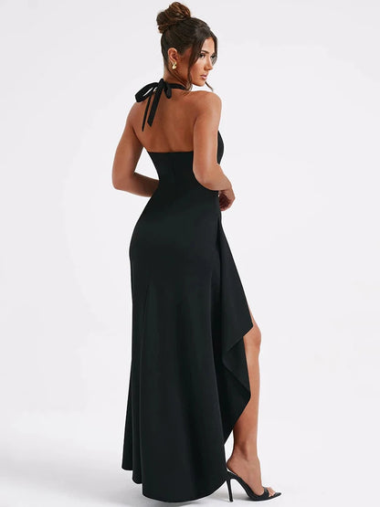 DEEP V NECK SPLIT MAXI DRESS - BLACK