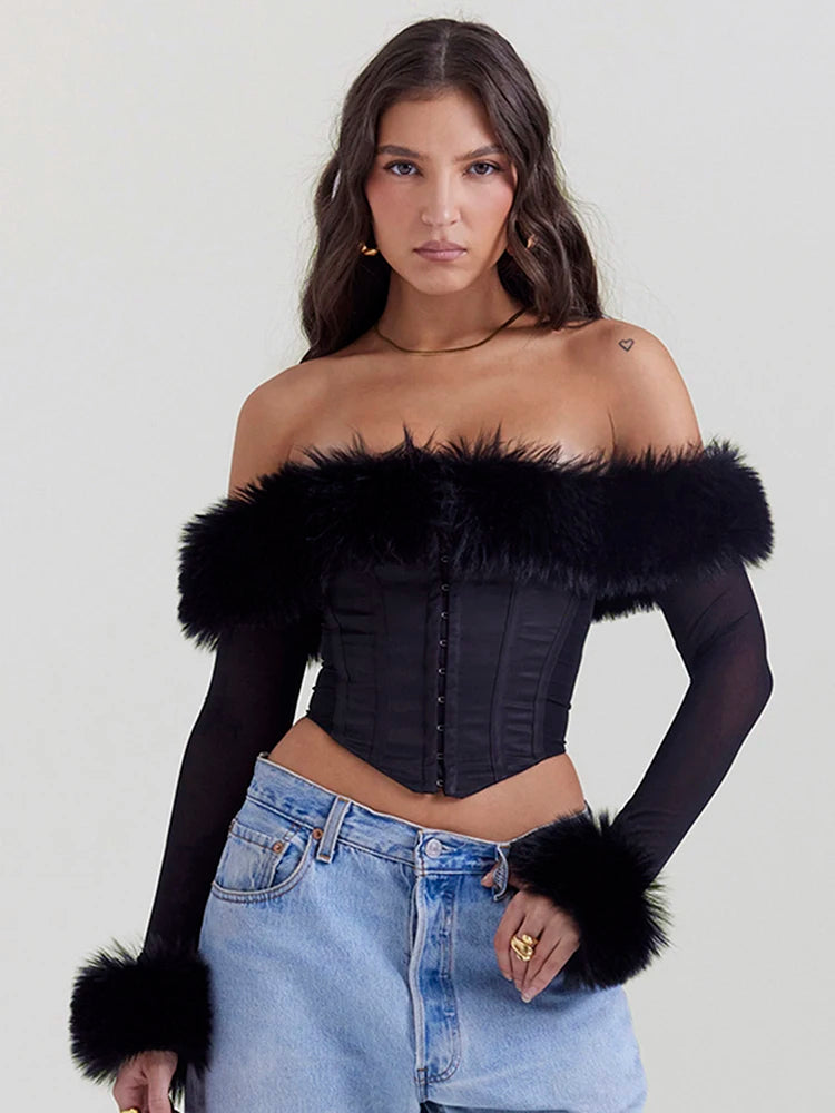 ENVY OFF-SHOULDER FUR CORSET TOP