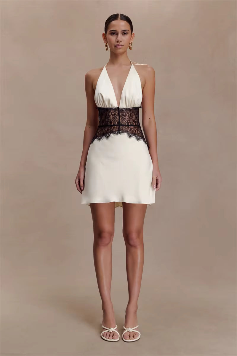 Mabelle Ivory Satin and Lace Halter Mini Dress