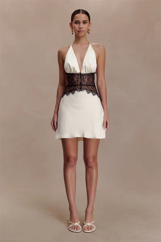 Mabelle Ivory Satin and Lace Halter Mini Dress