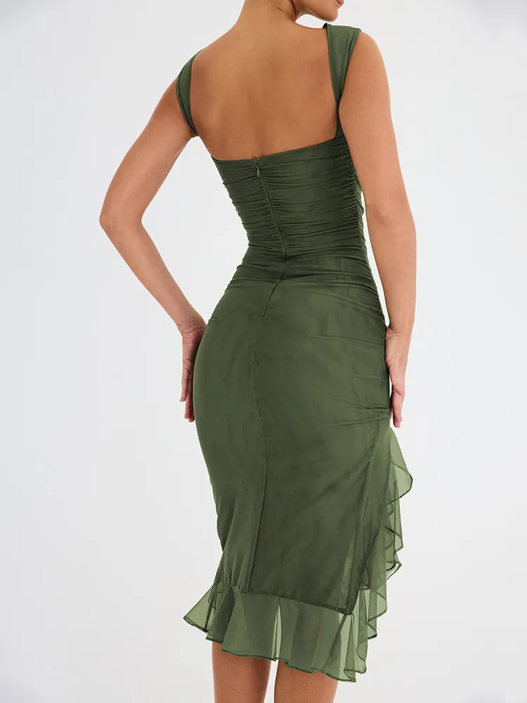 RUFFLE RUCHED MIDI DRESS -GREEN