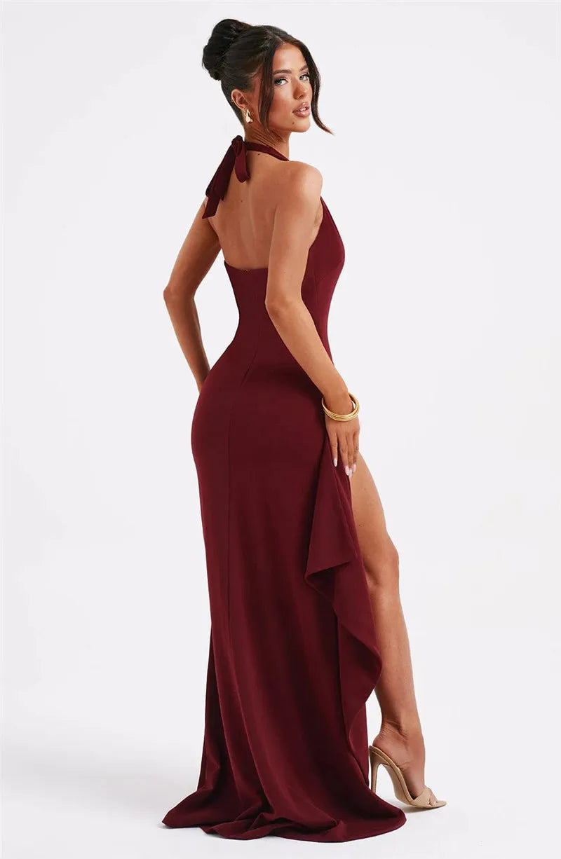 DEEP V NECK SPLIT MAXI DRESS - RED