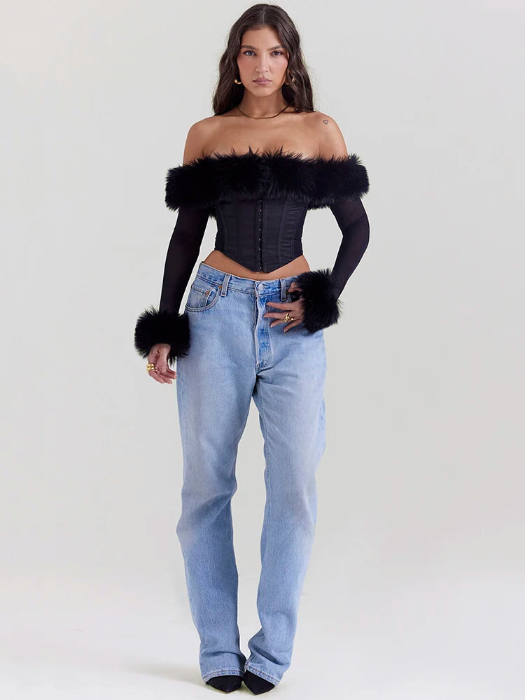 ENVY OFF-SHOULDER FUR CORSET TOP