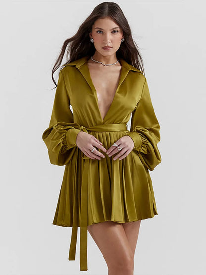 SILK LONG SLEEVE WRAP PLEATED DRESS