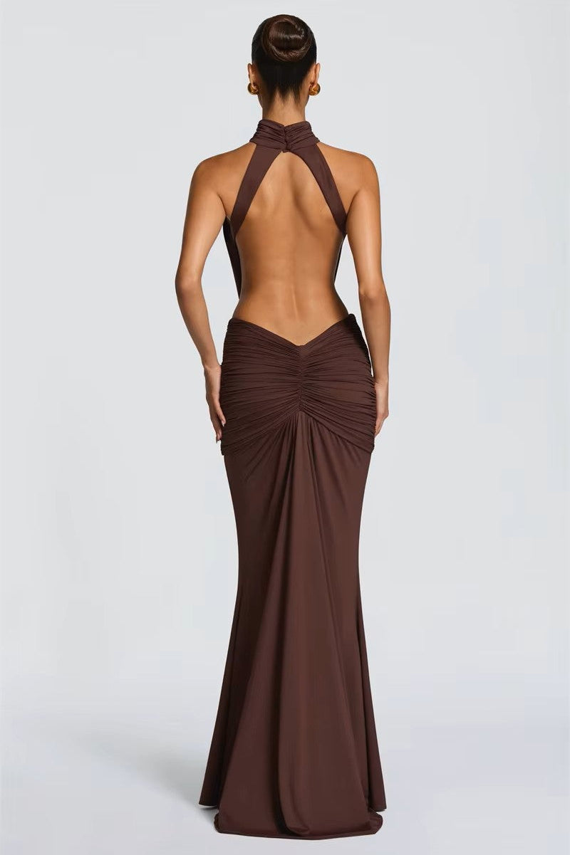 LELIA BROWN HALTER CUT-OUT RUCHED WAIST MAXI DRESS