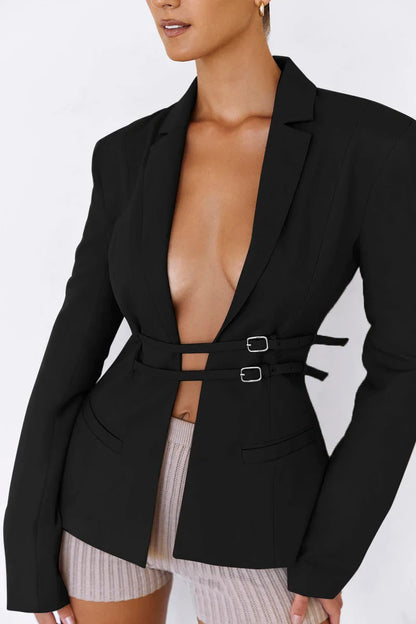 WAISTBAND DETAILED BLAZER - BLACK