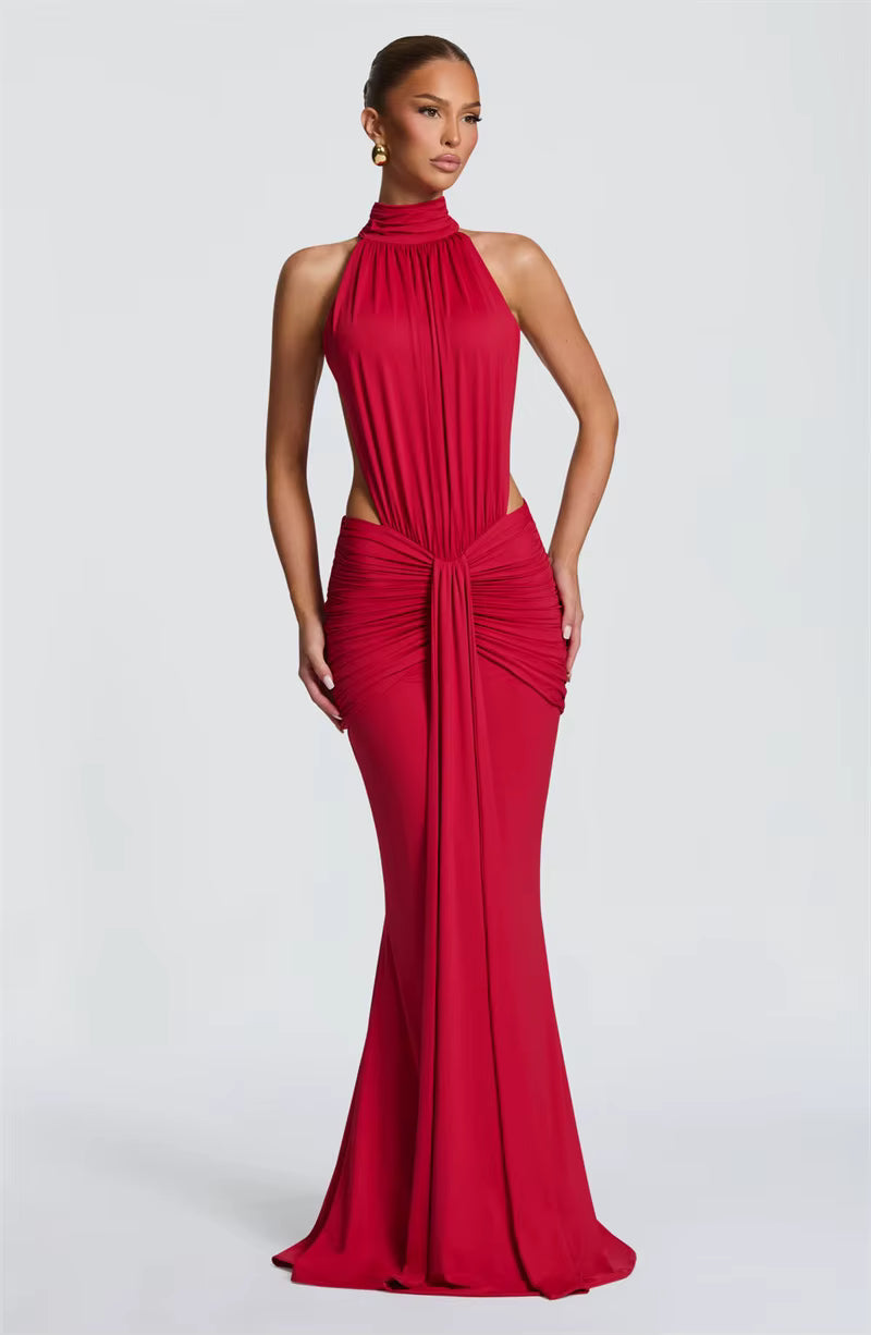 LELIA RED HALTER CUT-OUT RUCHED WAIST MAXI DRESS