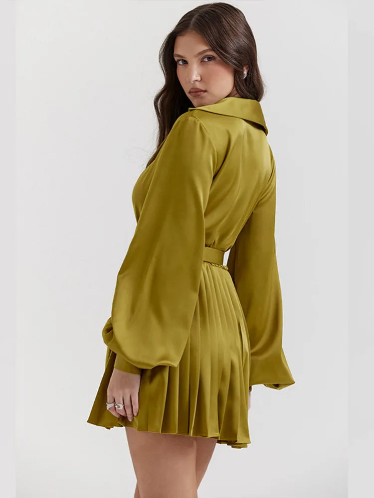 SILK LONG SLEEVE WRAP PLEATED DRESS