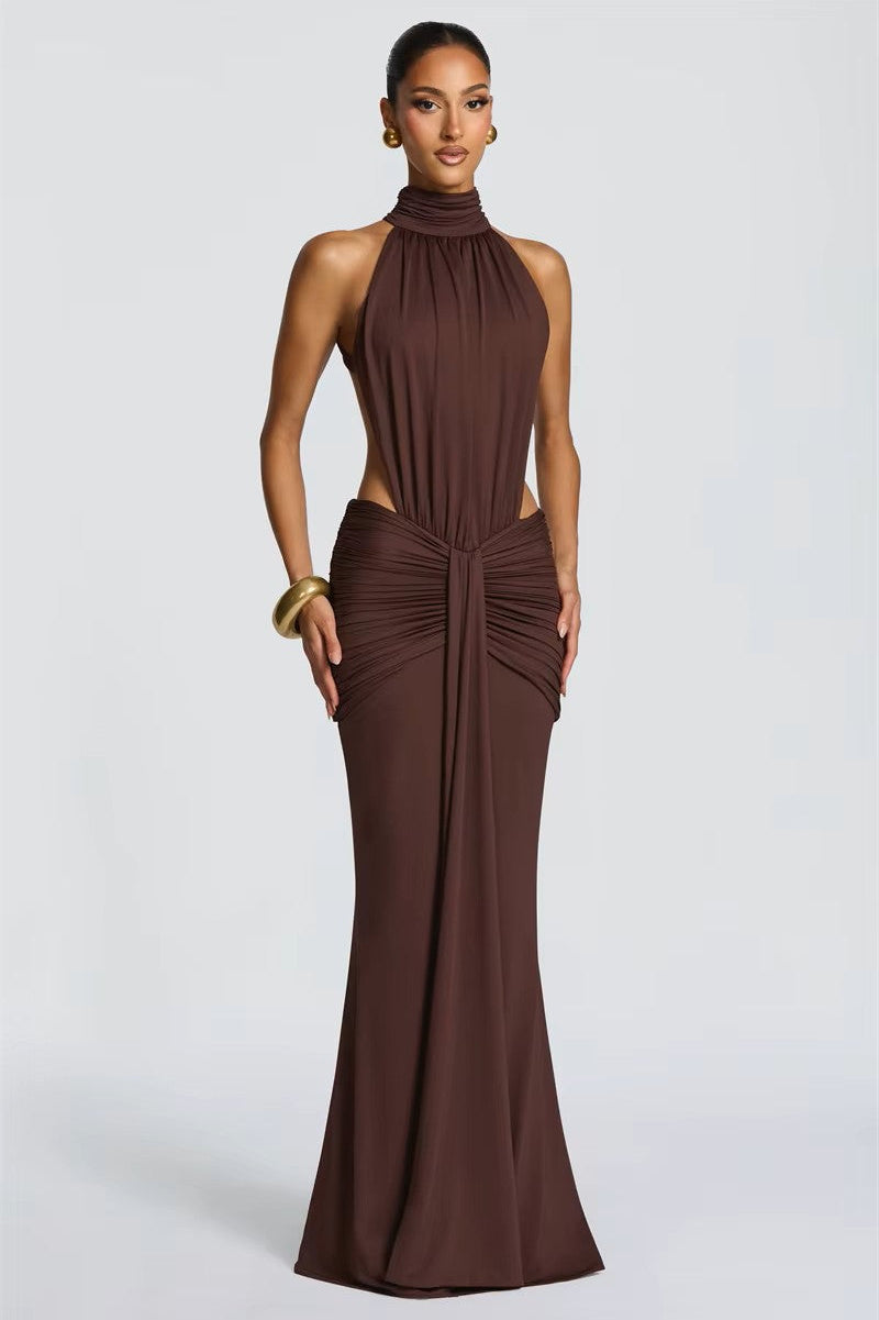 LELIA BROWN HALTER CUT-OUT RUCHED WAIST MAXI DRESS