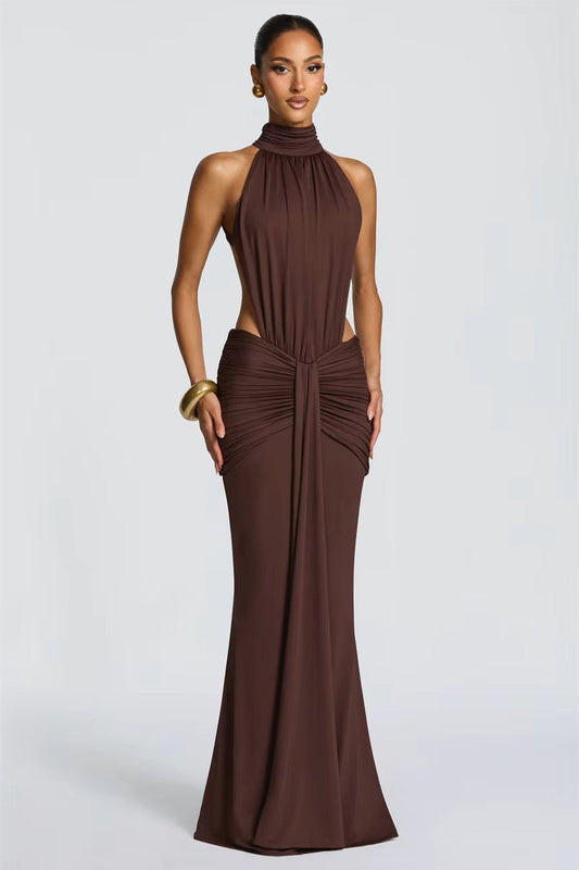 LELIA BROWN HALTER CUT-OUT RUCHED WAIST MAXI DRESS