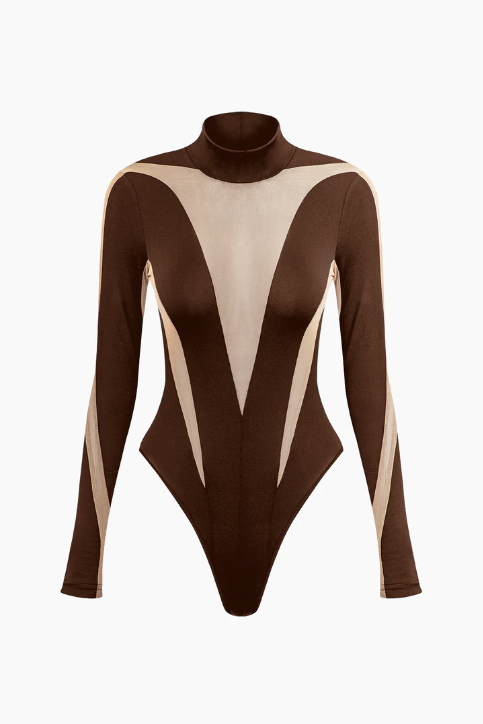 MESH CUT OUT BODYSUIT - BROWN