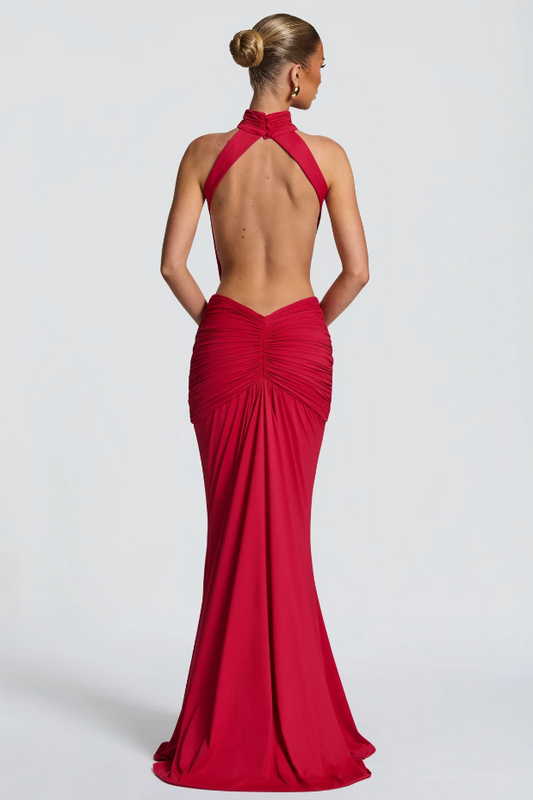 LELIA RED HALTER CUT-OUT RUCHED WAIST MAXI DRESS