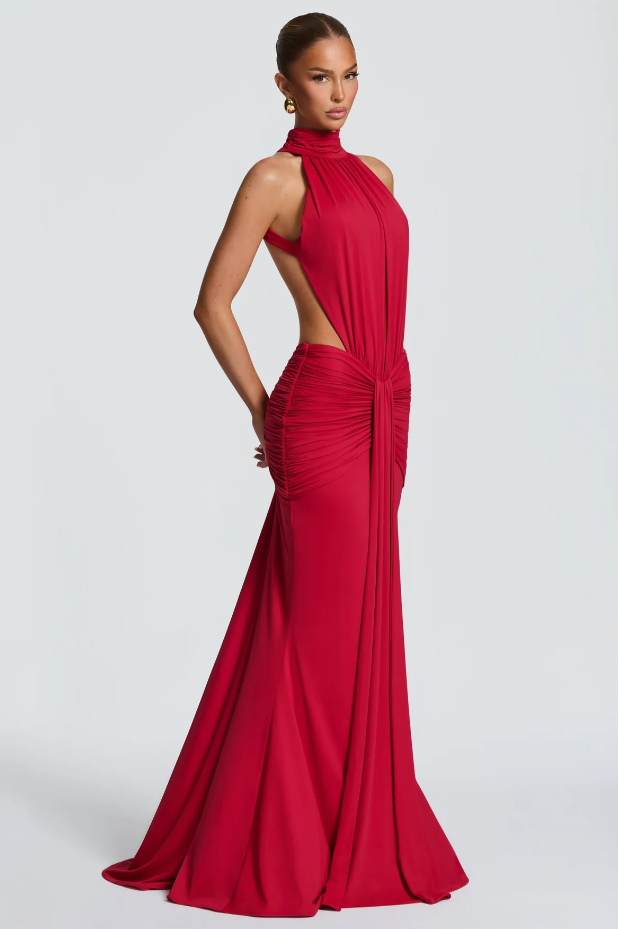 LELIA RED HALTER CUT-OUT RUCHED WAIST MAXI DRESS