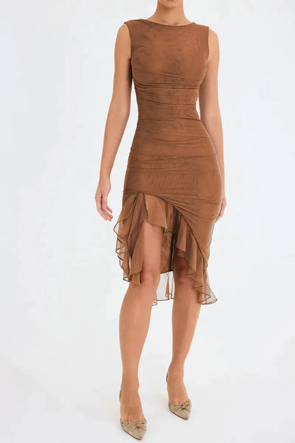 RUFFLE RUCHED MIDI DRESS - BROWN