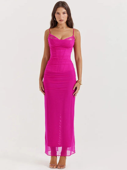 LACE MESH CORSET MAXI DRESS - PINK