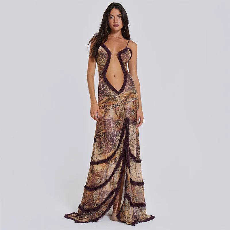 CUT OUT DYNAMIC BACKLESS SHEER DRESS - ANIMAL PRINT